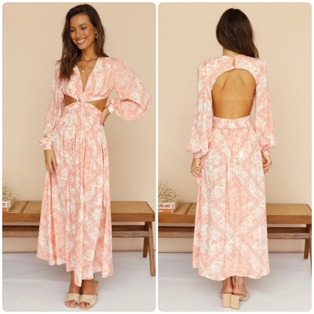 All About May Womens Boho Paisley Print Cutout Maxi Dress Open Back Size 2 Coral